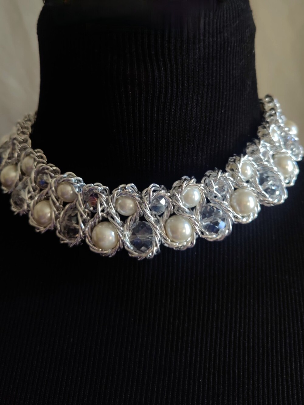Statement Faux Pearl & Aurora Borealis Glass Choker Necklace Wire Wrapped